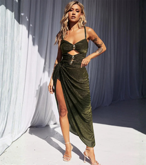Gold Glitter Cutout Fabric One Piece Swimsuit and Skirt