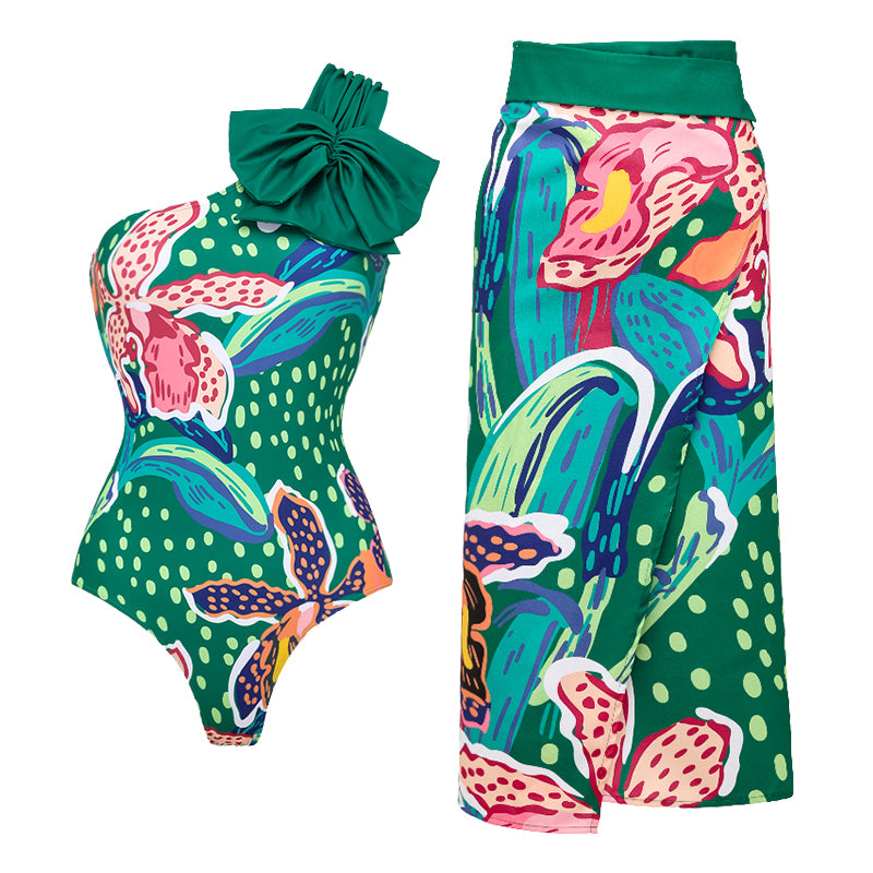 Tropic Printed One Shoulder One Piece Swimsuit and Sarong Flaxmaker