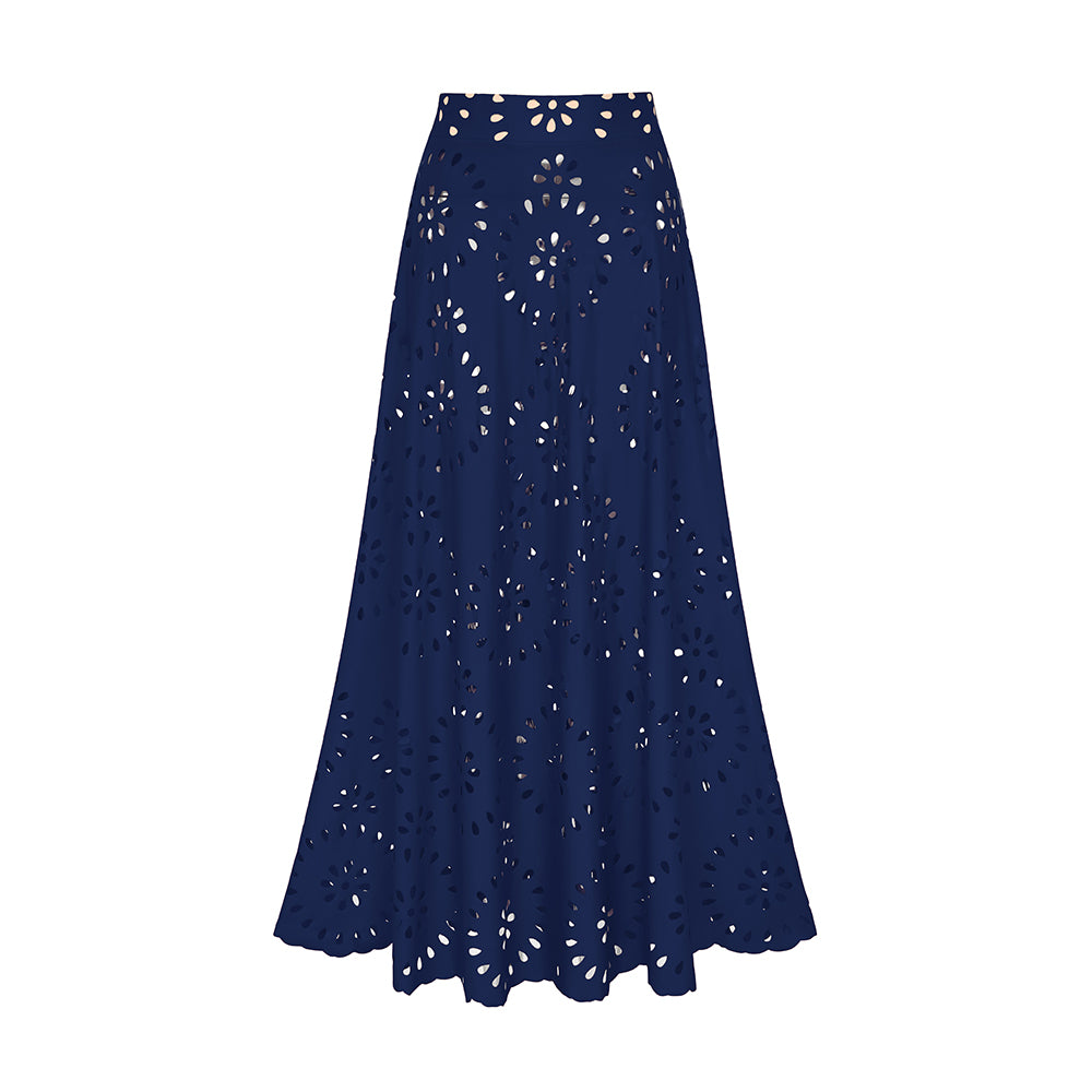 Plus Size Navy Blue Laser Cutting Flower Hollow One Piece Swimsuit and Skirt