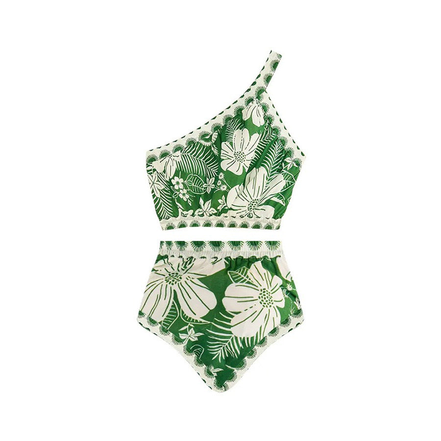 Plus Size One Shoulder Green Flower Printed Bikini Swimsuit and Skirt