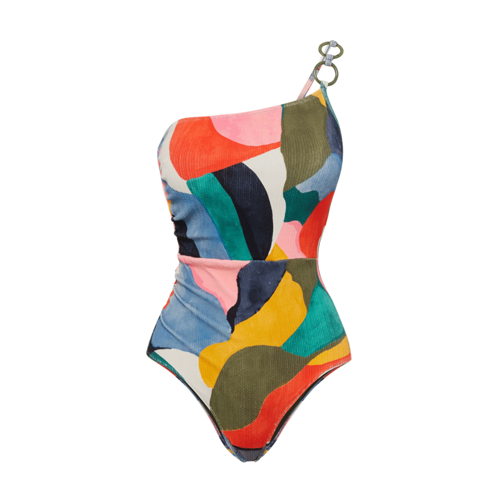 O Ring One Shoulder Printed One Piece Swimsuit and Sarong