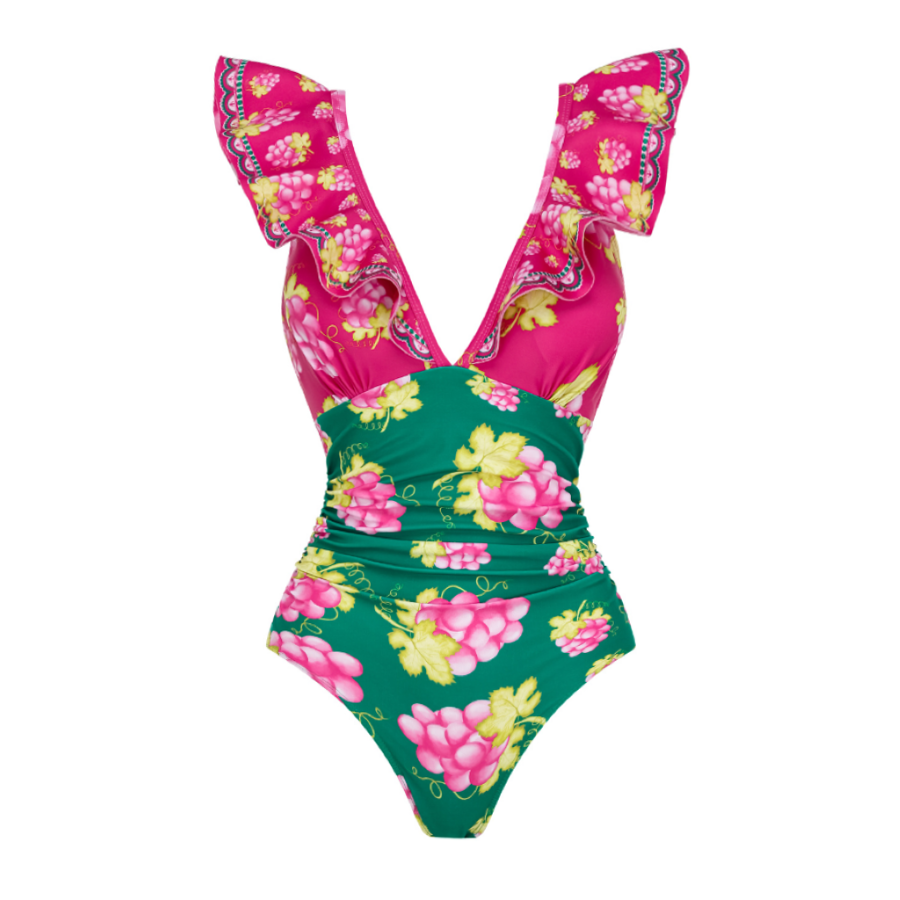 Plus Size Ruffled Deep V Retro Green Grapes Print One Piece Swimsuit and Skirt