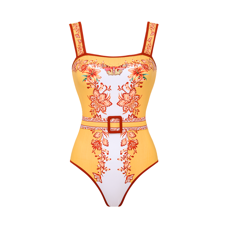 Sling Creative Flower Butterfly Lily Print One Piece Swimsuit and Sarong or Pants
