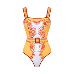 Sling Creative Flower Butterfly Lily Print One Piece Swimsuit and Sarong or Pants
