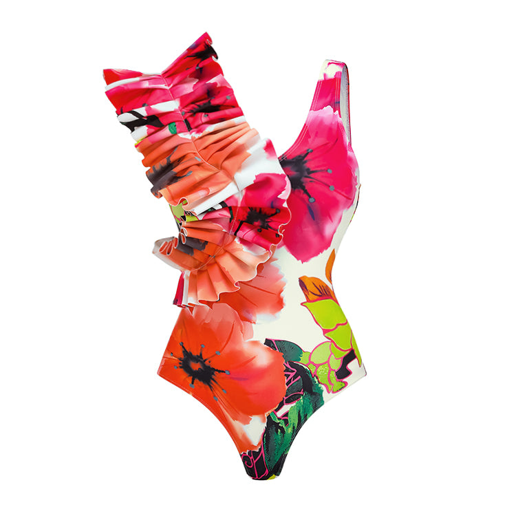Ruffled Floral Print One Piece Swimsuit and Skirt Flaxmaker