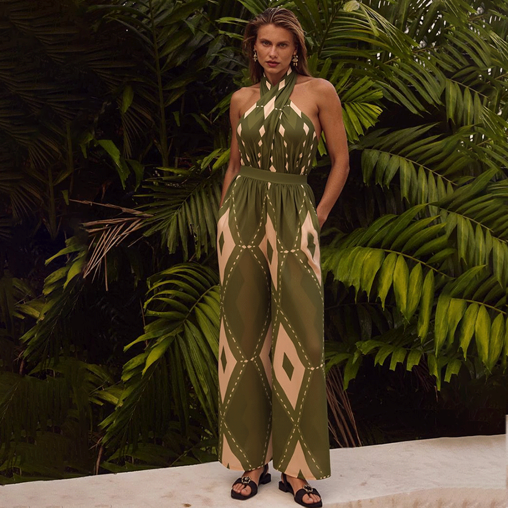 Plus Size Halter Neck Geometric Pattern Print One Piece Swimsuit and Pants