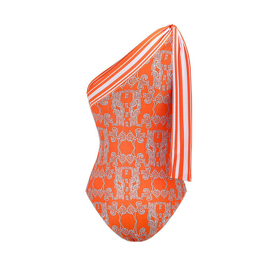 One Shoulder Bow Tie Striped Tribal Print Swimsuit Set(s)