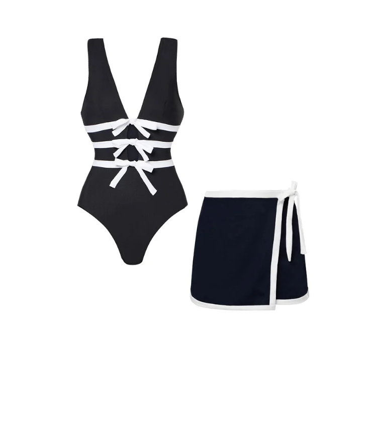 Plus Size Bowknot Decor Black One Piece Swimsuit and Skirt