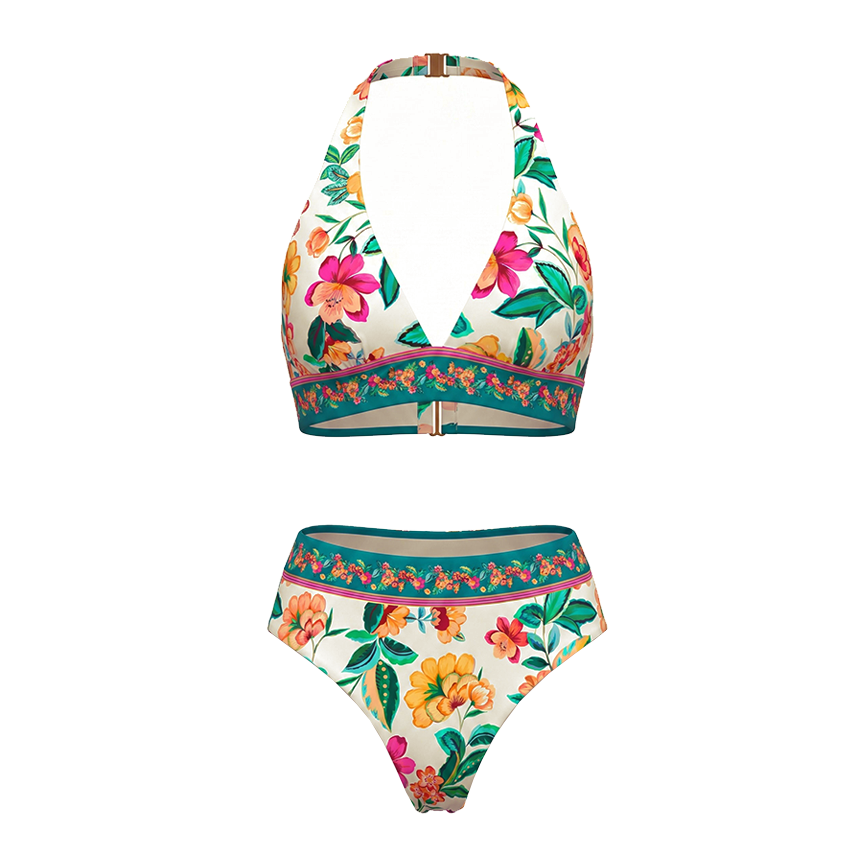 Halter-neck Bloom Haven Print Swimsuit Set(s)