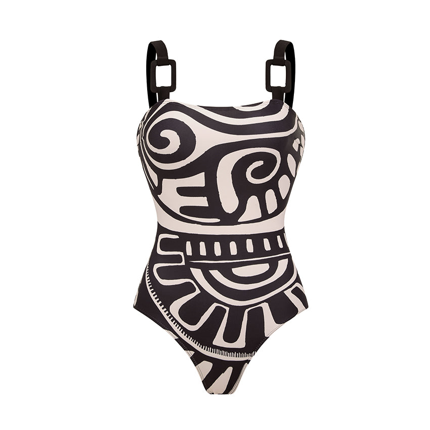 Plus Size Adjustable Shoulder Straps Black Tribal Print Swimsuit Set(s)