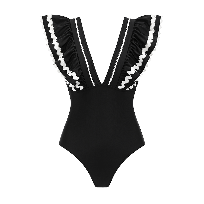 Black Ruffle V-neck Swimsuit set(s)