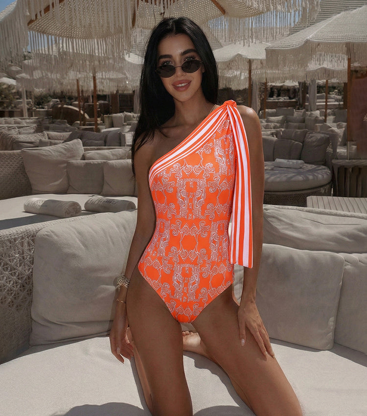One Shoulder Bow Tie Striped Tribal Print Swimsuit Set(s)