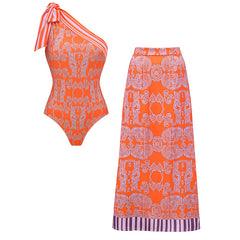 One Shoulder Bow Tie Striped Tribal Print Swimsuit Set(s)
