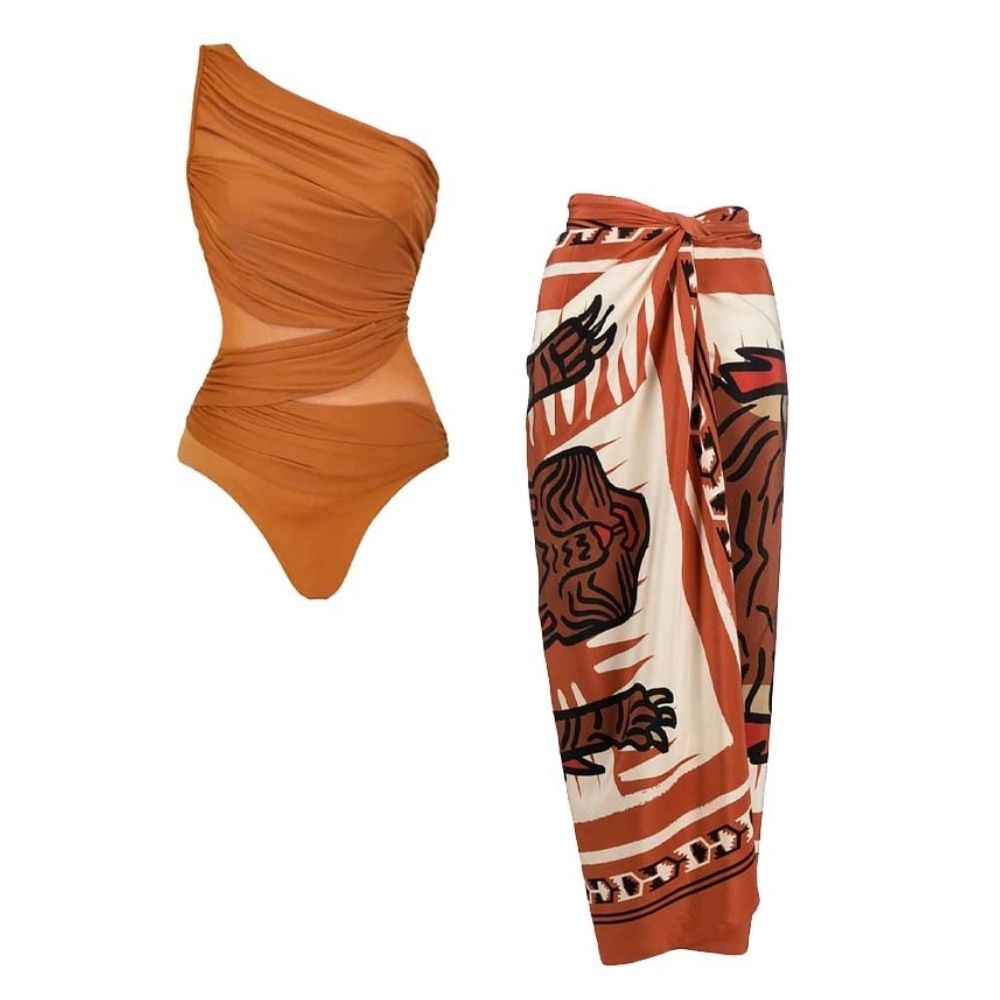 Plus Size One Shoulder Ruched Rust See Through One Piece Swimsuit and Sarong
