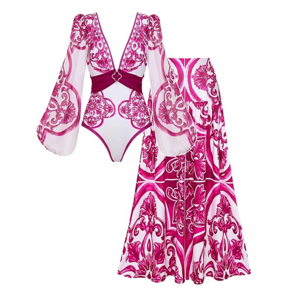 Long-Sleeved Classic Majolica Series Pattern Print One Piece Swimsuit and Skirt or Shorts