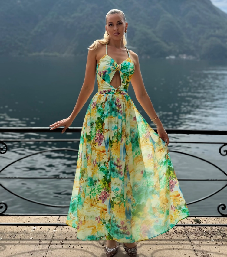 Landscape Prints Hollow One Piece Swimsuit and Skirt