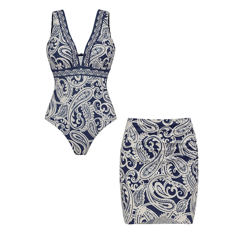 Plus Size V Neck Blue Paisley Print Swimsuit Set(s)