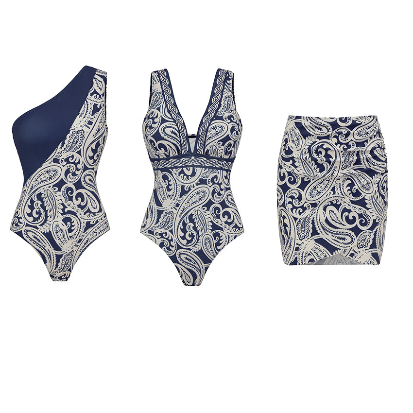 Plus Size V Neck Blue Paisley Print Swimsuit Set(s)