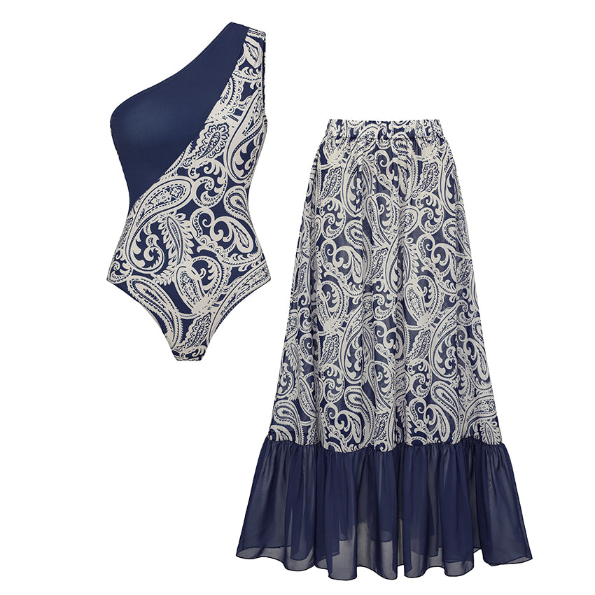 One Shoulder Blue Color Block Paisley Print Swimsuit Set(s)