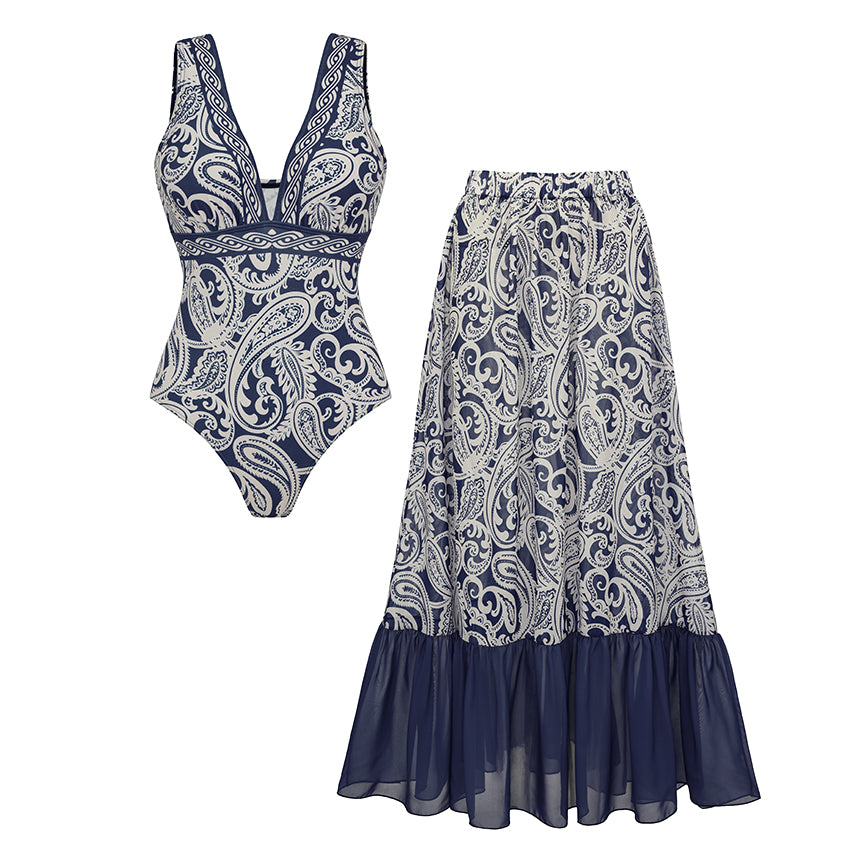 Plus Size V Neck Blue Paisley Print Swimsuit Set(s)