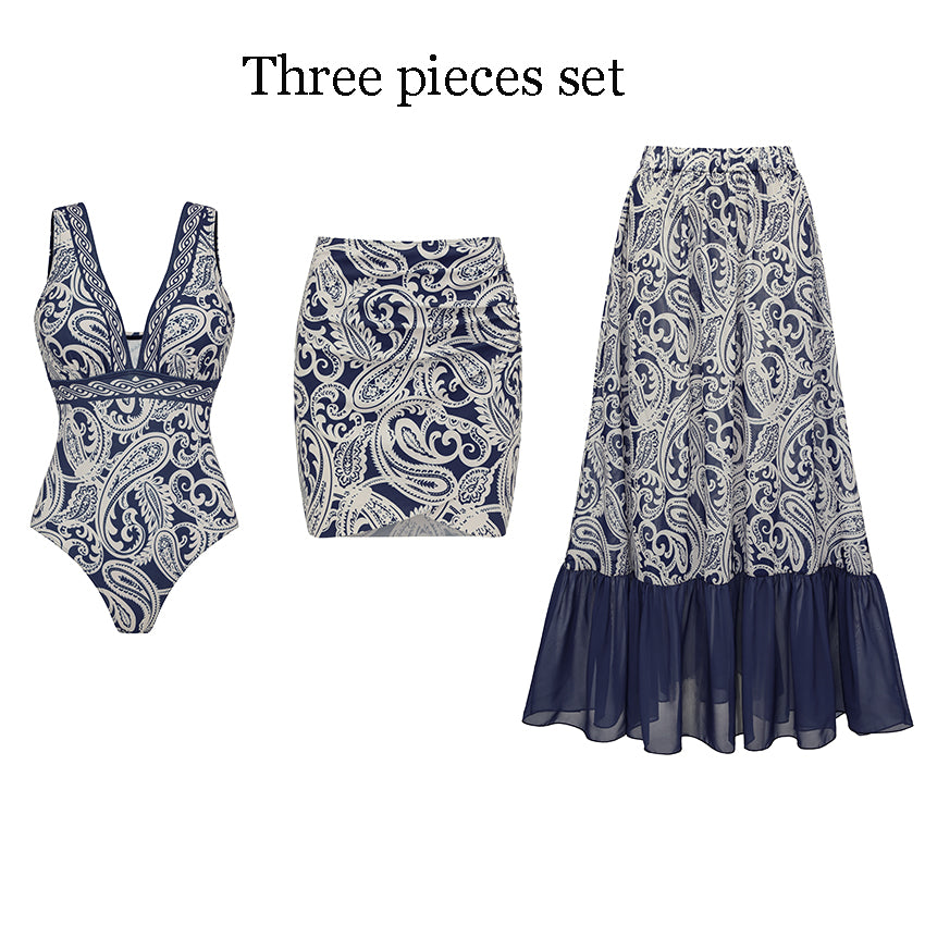 Plus Size V Neck Blue Paisley Print Swimsuit Set(s)