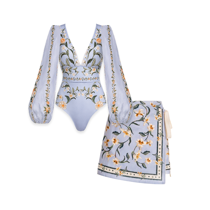 V Neck Long Sleeves Print Swimsuit Set(s)