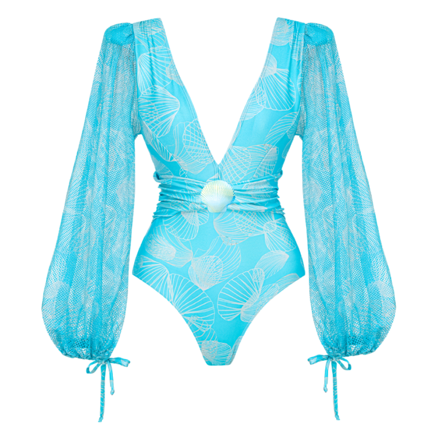 Plus Size Mesh Splicing Long-sleeved Shell Print One Piece Swimsuit and Skirt