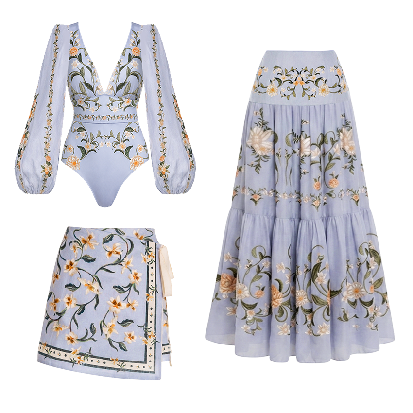V Neck Long Sleeves Print Swimsuit Set(s)