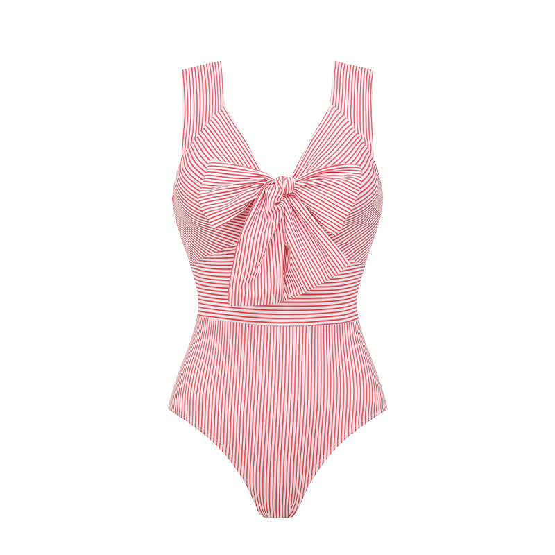 Plus Size Bowknot Striped Print One Piece Swimsuit and Skirt