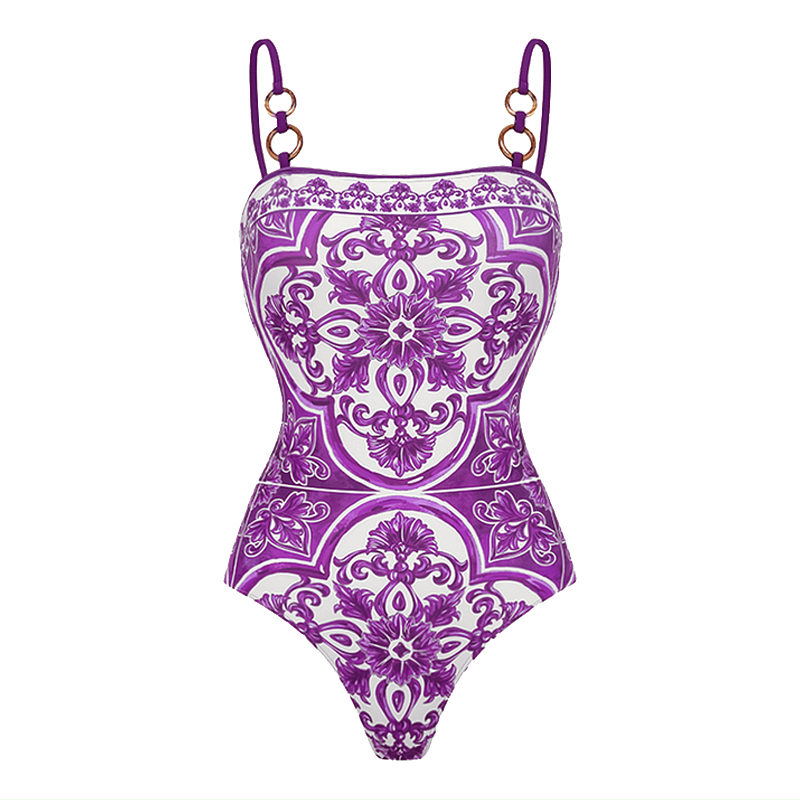Plus Size Sling Classic Majolica Series Pattern Print One Piece Swimsuit and Skirt or Shorts