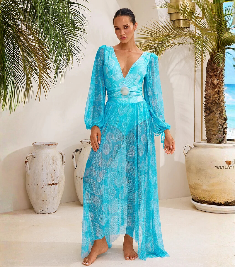 Plus Size Mesh Splicing Long-sleeved Shell Print One Piece Swimsuit and Skirt
