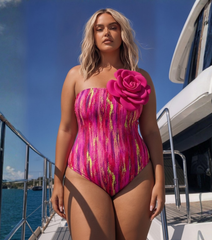 Plus Size 3D Flower Decor One Piece Swimsuit and Skirt Flaxmaker