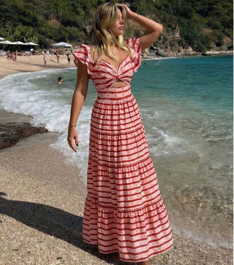 Plus Size Ruffle Red Striped Printed Cut Out One Piece Swimsuit and Skirt