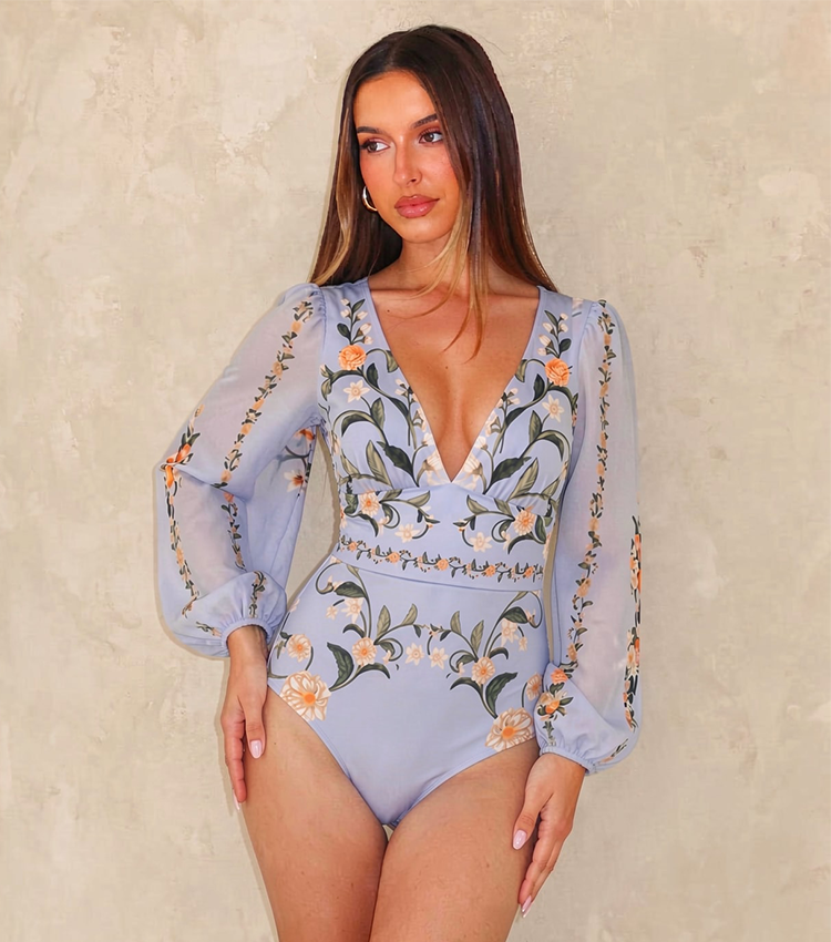 V Neck Long Sleeves Print Swimsuit Set(s)