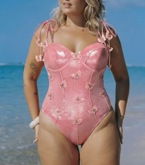 Plus Size Pink Shiny Embroidered Butterfly One Piece Swimsuit and Split Skirt