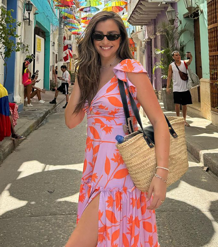 V-neck Orange Leaf Printed One Piece Swimsuit and Skirt