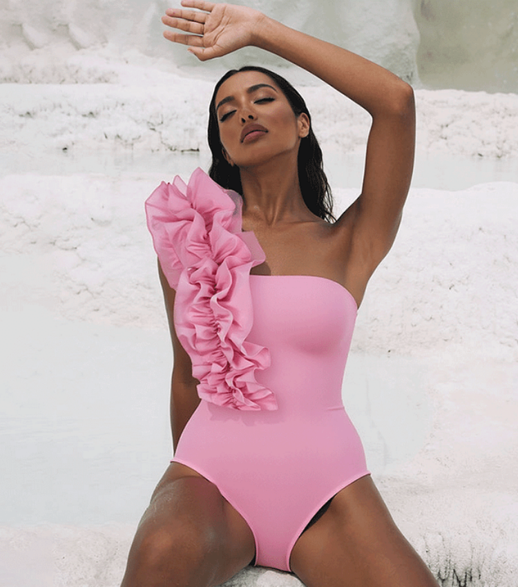 Plus Size One Shoulder Ruffle Solid Color One Piece Swimsuit and Skirt