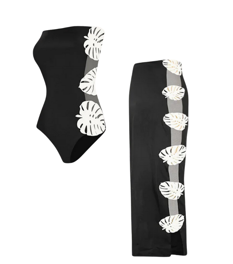 Plus Size Bandeau Side Cutout  Black One Piece Swimsuit and Skirt Flaxmaker