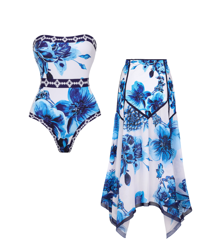 Floral Series Pattern Print One Piece Swimsuit and Skirt