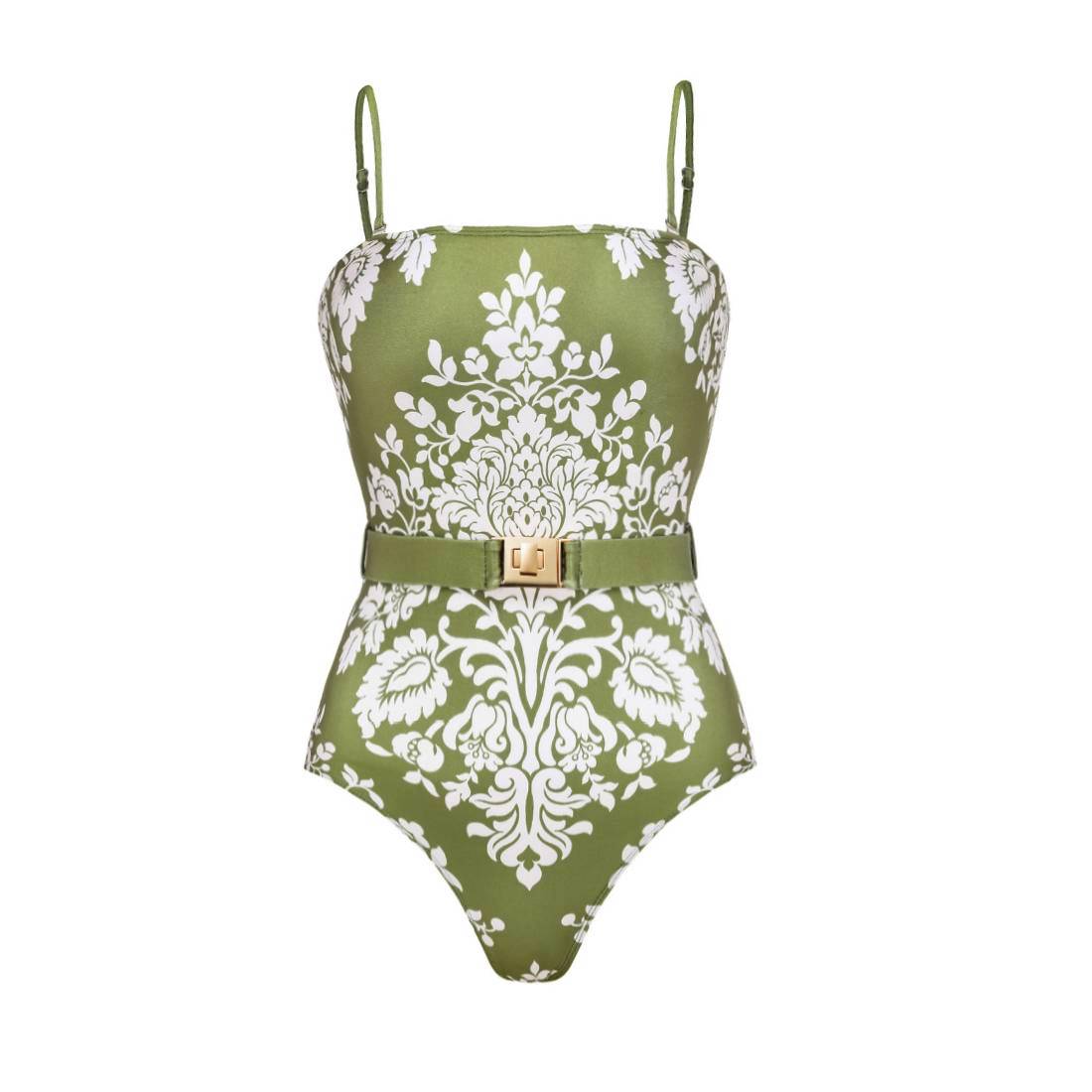 Retro Print Removable Belt Detail Sling One Piece Swimsuit and Sarong Flaxmaker