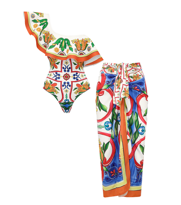 Plus Size One Shoulder Ruffle Paisley-print One Piece Swimsuit and Sarong or Pants