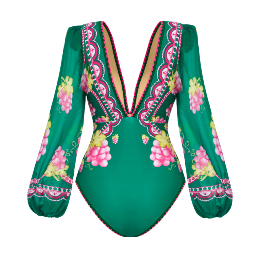 Plus Size Long-sleeved Retro Green Grapes Print One Piece Swimsuit and Skirt