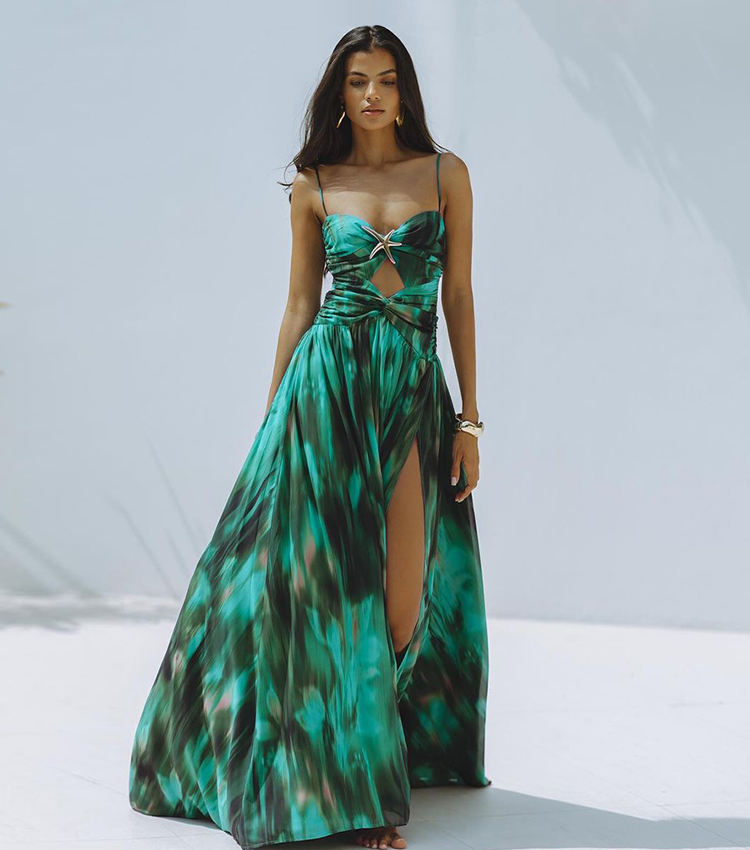 Flaxmaker Green Printed Pleated Swimsuit & Skirt Set