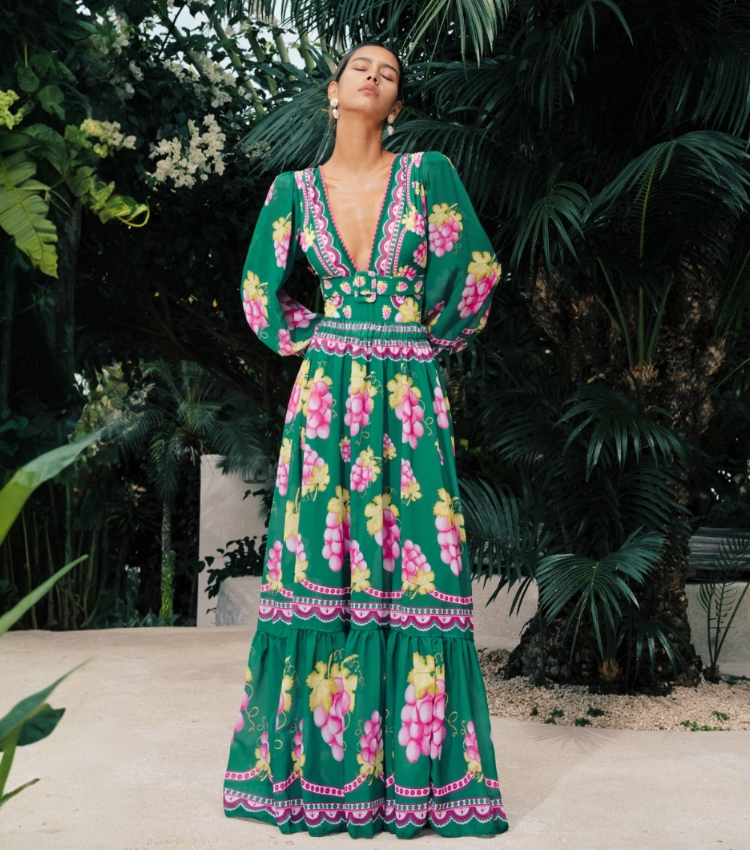 Plus Size Long-sleeved Retro Green Grapes Print One Piece Swimsuit and Skirt