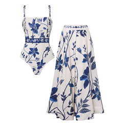 Adjustable Straps Blue & White Floral Print Swimsuit Set(s)