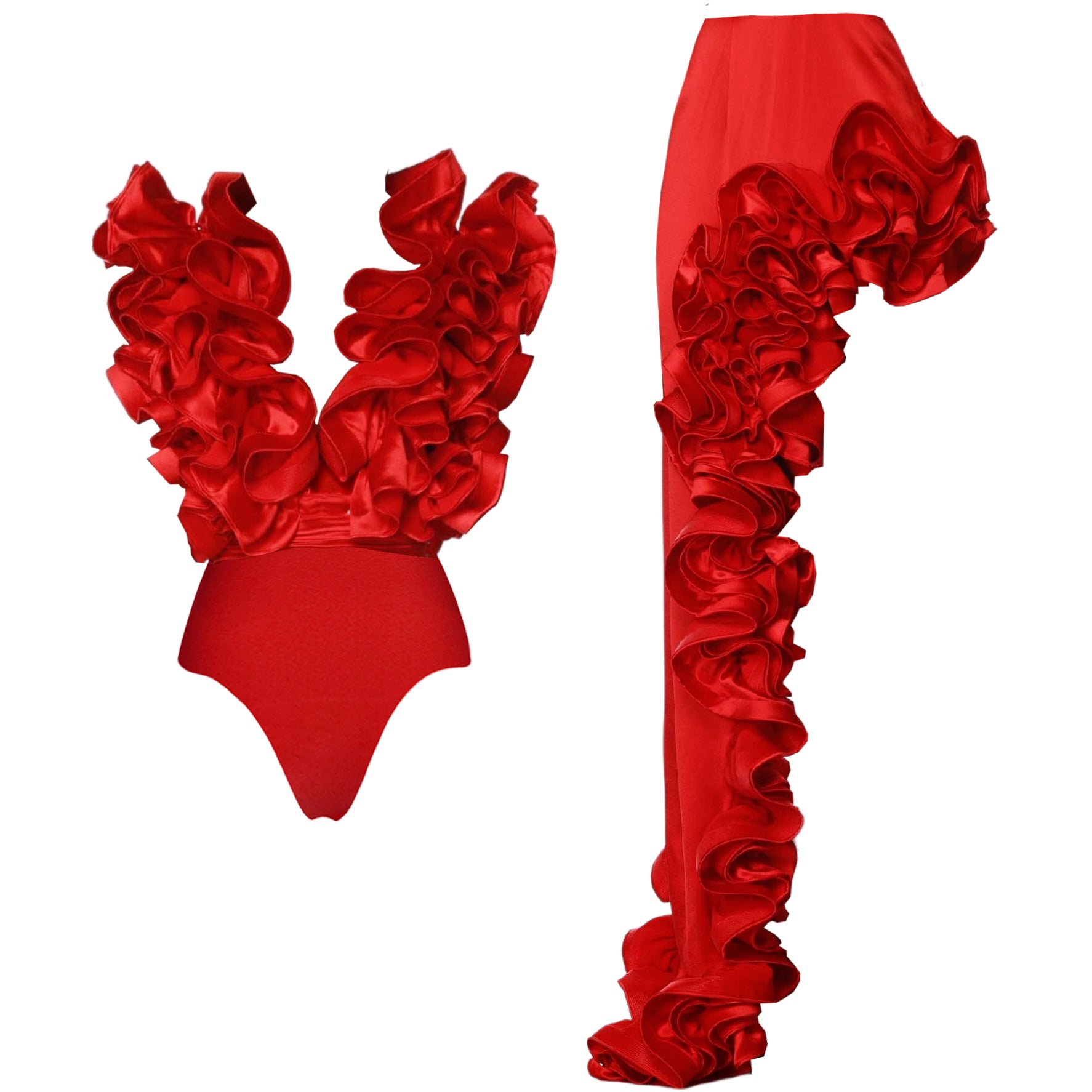 Plus Size Frilled V Neck Red One Piece Swimsuit and Skirt Flaxmaker