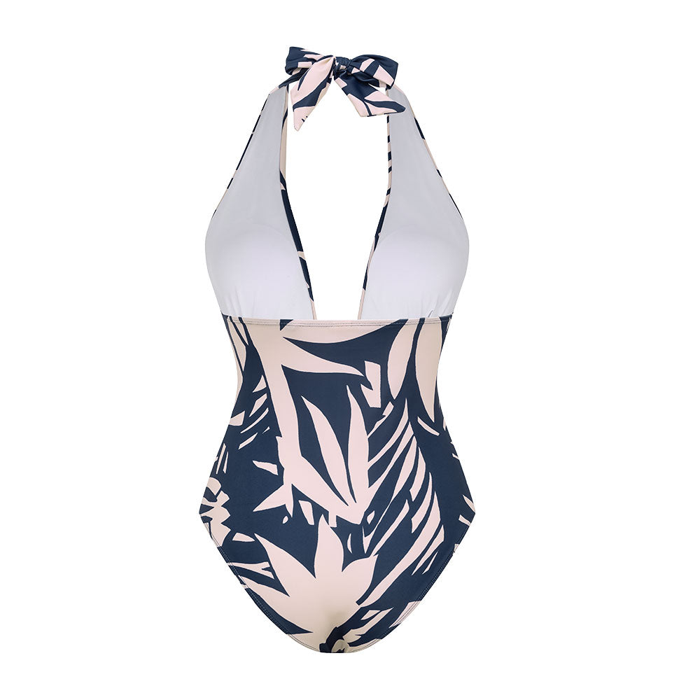 V Neck Leaves Print One Piece Swimsuit and Pants/Skirt