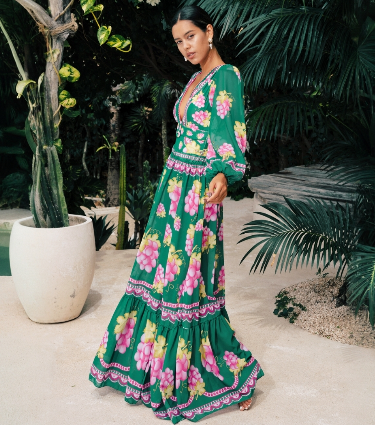 Plus Size Long-sleeved Retro Green Grapes Print One Piece Swimsuit and Skirt