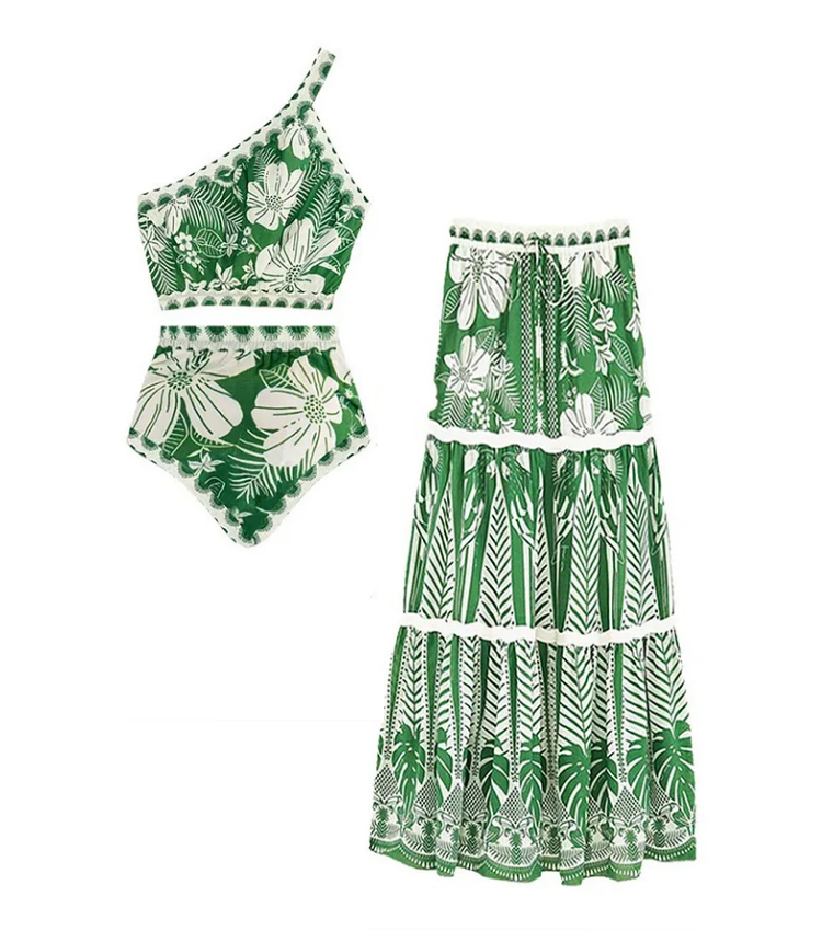 Plus Size One Shoulder Green Flower Printed Bikini Swimsuit and Skirt