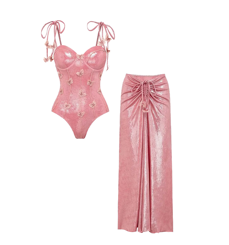 Plus Size Pink Shiny Embroidered Butterfly One Piece Swimsuit and Split Skirt